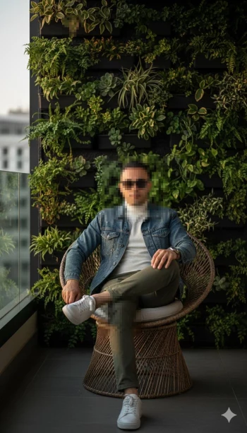 Stylish man sitting on balcony chair with green plant wall background