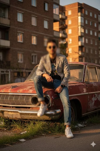 Stylish man sitting on vintage red car during golden hour in urban street