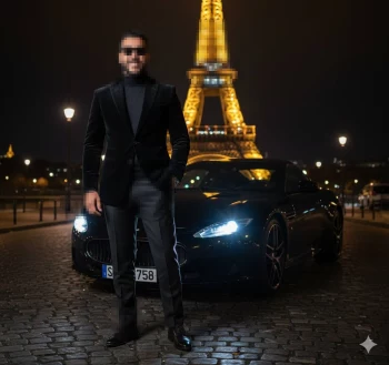 Stylish Man Standing by Luxury Car Near Eiffel Tower at Night