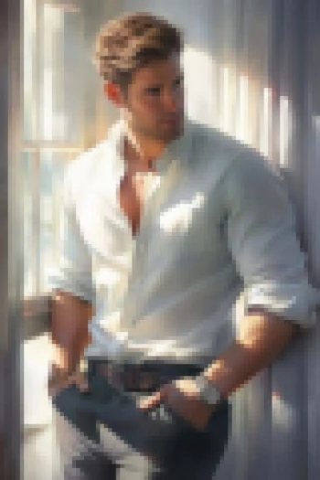Stylish Man Standing by Sunlit Window in White Shirt and Gray Pants