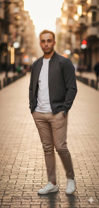 Stylish man standing confidently on a city street during golden sunset