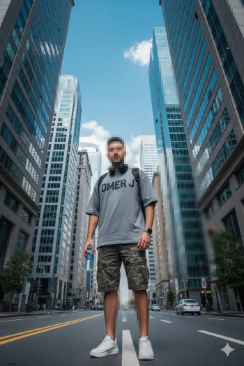 Stylish man standing in city street surrounded by tall modern skyscrapers