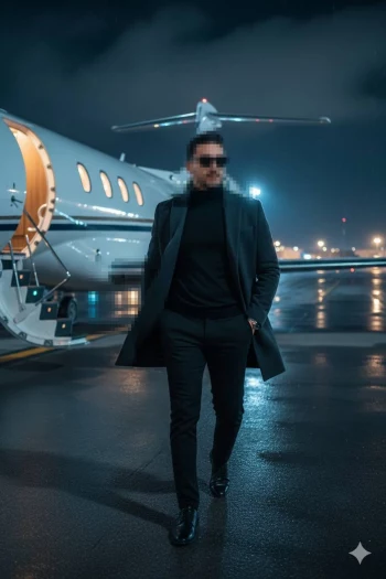 Stylish man walking confidently near private jet on rainy night runway
