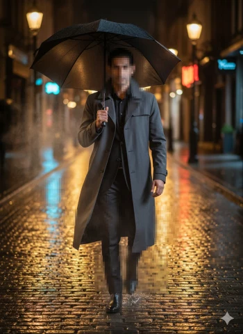 Stylish Man Walking in the Rain Under Umbrella on a Night City Street