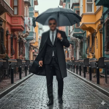 Stylish Man Walking in the Rain with Umbrella on a Colorful City Street