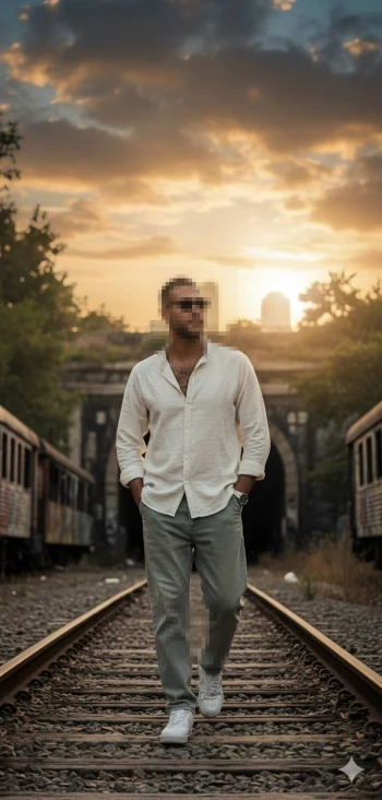 Stylish man walking on railway tracks at sunset in an urban vintage setting