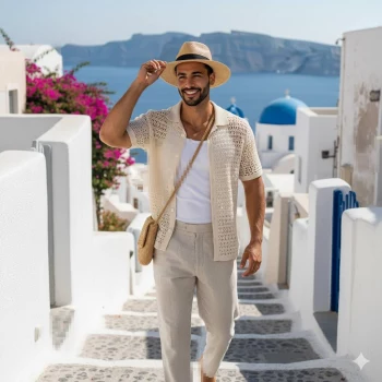 Stylish man walking through white streets of Santorini on a sunny day