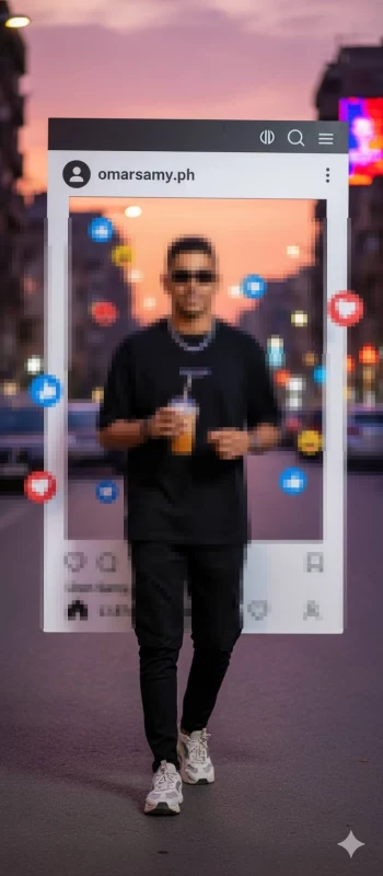 Stylish Man Walking with Iced Coffee in Social Media Frame at Sunset