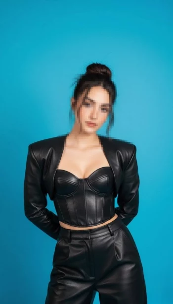 Stylish woman in black leather outfit posing confidently against blue background