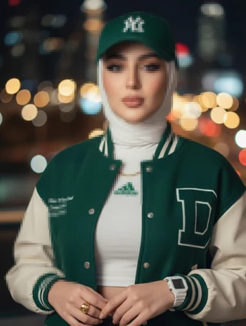Stylish woman in green varsity jacket and cap posing at night city lights