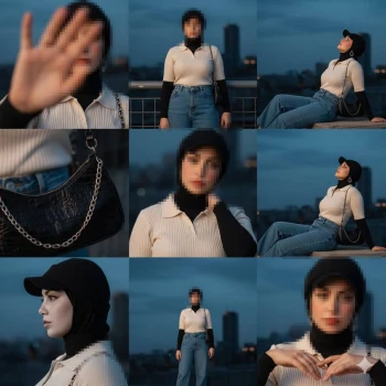 Stylish woman in hijab posing on rooftop at sunset in modern urban fashion