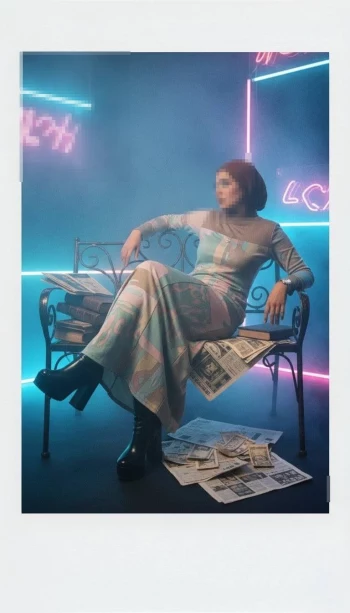 Stylish Woman in Hijab Sitting on Bench Under Neon Lights in Modern Studio