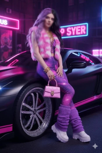 Stylish woman in neon pink and purple outfit posing by luxury sports car at night