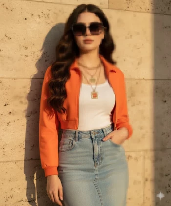 Stylish woman in orange jacket and denim skirt posing under warm sunlight