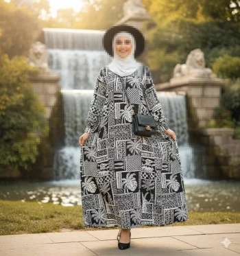 Stylish woman in patterned dress posing by waterfall under golden sunlight