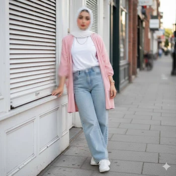 Stylish woman in pink cardigan and jeans posing confidently on city street