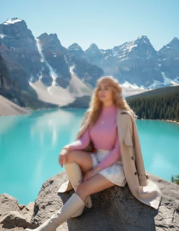 Stylish woman in pink sweater and beige coat by turquoise mountain lake