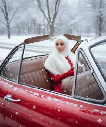 Stylish woman in red outfit sitting in vintage car on a snowy winter day