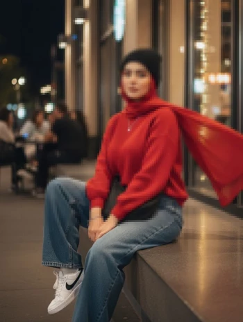 Stylish Woman in Red Scarf and Black Beanie Sitting Outdoors at Night