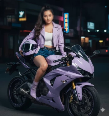 Stylish woman on lavender motorcycle wearing purple jacket in city at night