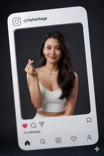 Stylish woman posing in Instagram frame with confident modern look