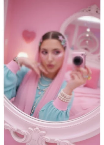 Stylish Woman Taking Mirror Selfie in Pastel Pink Barbie-Inspired Room