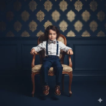 Stylish Young Boy in Formal Outfit Sitting on Vintage Chair Indoors