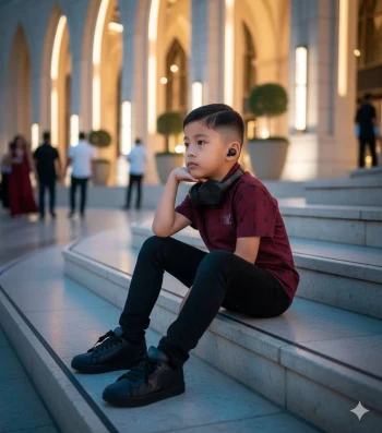 Stylish Young Boy Sitting on Steps Wearing Headphones in Evening City Lights