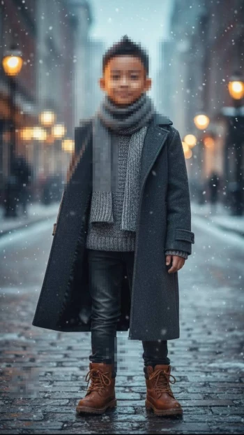 Stylish young boy standing in snowy city street wearing gray coat and brown boots