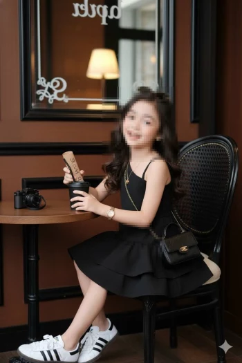Stylish young girl in black dress sitting at café with coffee and camera