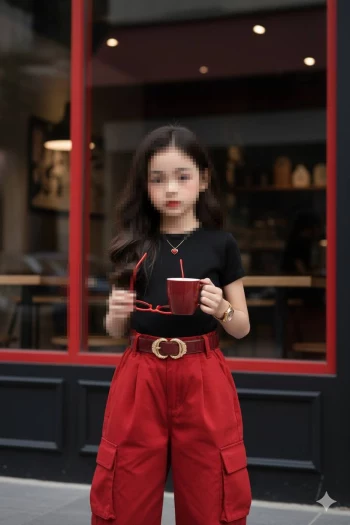 Stylish young girl in red pants holding coffee cup outside modern café