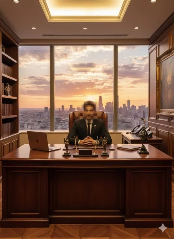 Successful businessman in luxury office with city skyline at sunset