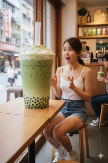 Surprised Woman Staring at Giant Matcha Bubble Tea in a Cafe