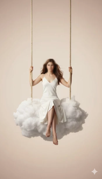 Surreal Minimalist Portrait of a Woman Sitting on a Cloud Swing in Studio Setting