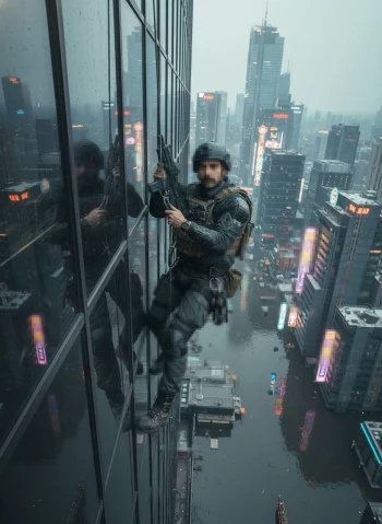 Tactical Soldier Climbing Skyscraper Above Neon Lit Flooded City