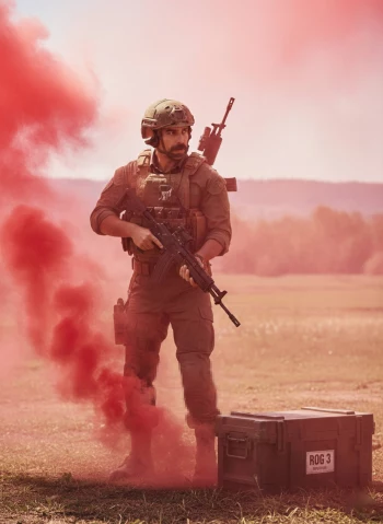 Tactical Soldier in Red Smoke Military Training Field Scene