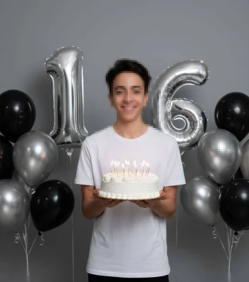 Teen Celebrating 16th Birthday with Cake and Festive Balloons