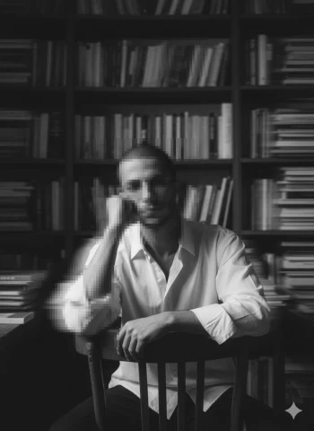 Thoughtful Man in White Shirt Sitting in Library with Books Behind Him