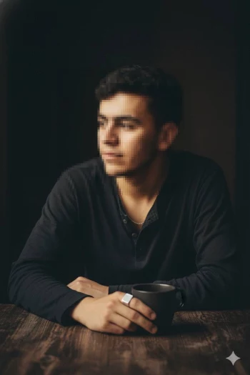 Thoughtful young man sitting at wooden table holding a cup in warm soft light
