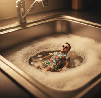Tiny Man Relaxing in a Kitchen Sink Filled with Soapy Water and Bubbles