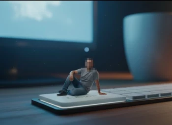 Tiny Man Sitting on a Keyboard Key Beside a Coffee Cup in Cinematic Lighting