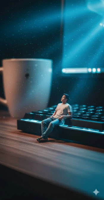 Tiny Man Sitting on Glowing Keyboard Beside Giant Coffee Cup in Blue Light