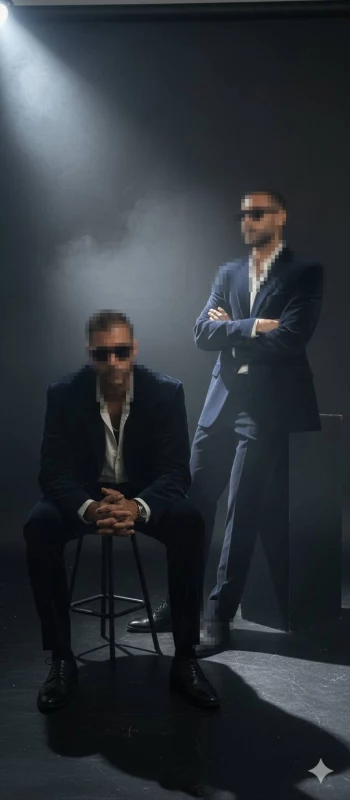 Two confident men in stylish suits posing under dramatic studio lighting