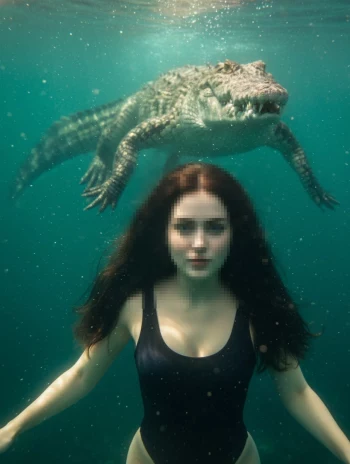 Underwater Woman Swimming with Crocodile in Dramatic Cinematic Scene