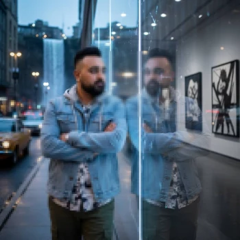 Urban evening portrait of a man standing by a reflective glass wall