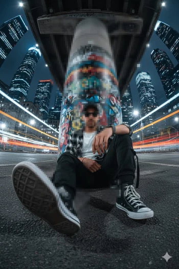 Urban night portrait of man in streetwear sitting under graffiti bridge