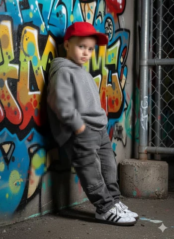 Urban Street Portrait of a Young Boy Posing Against Colorful Graffiti