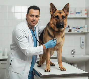 Veterinarian examining German Shepherd dog with stethoscope in modern clinic