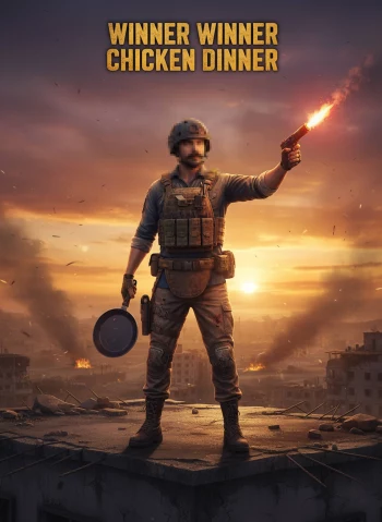 Victory Soldier Holding Flare and Frying Pan on War-Torn Rooftop