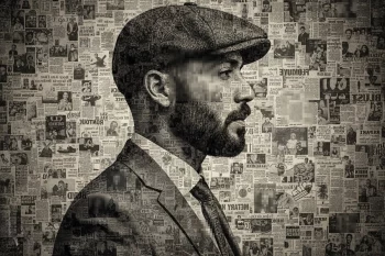 Vintage artistic portrait of a man in flat cap blended with old newspaper collage